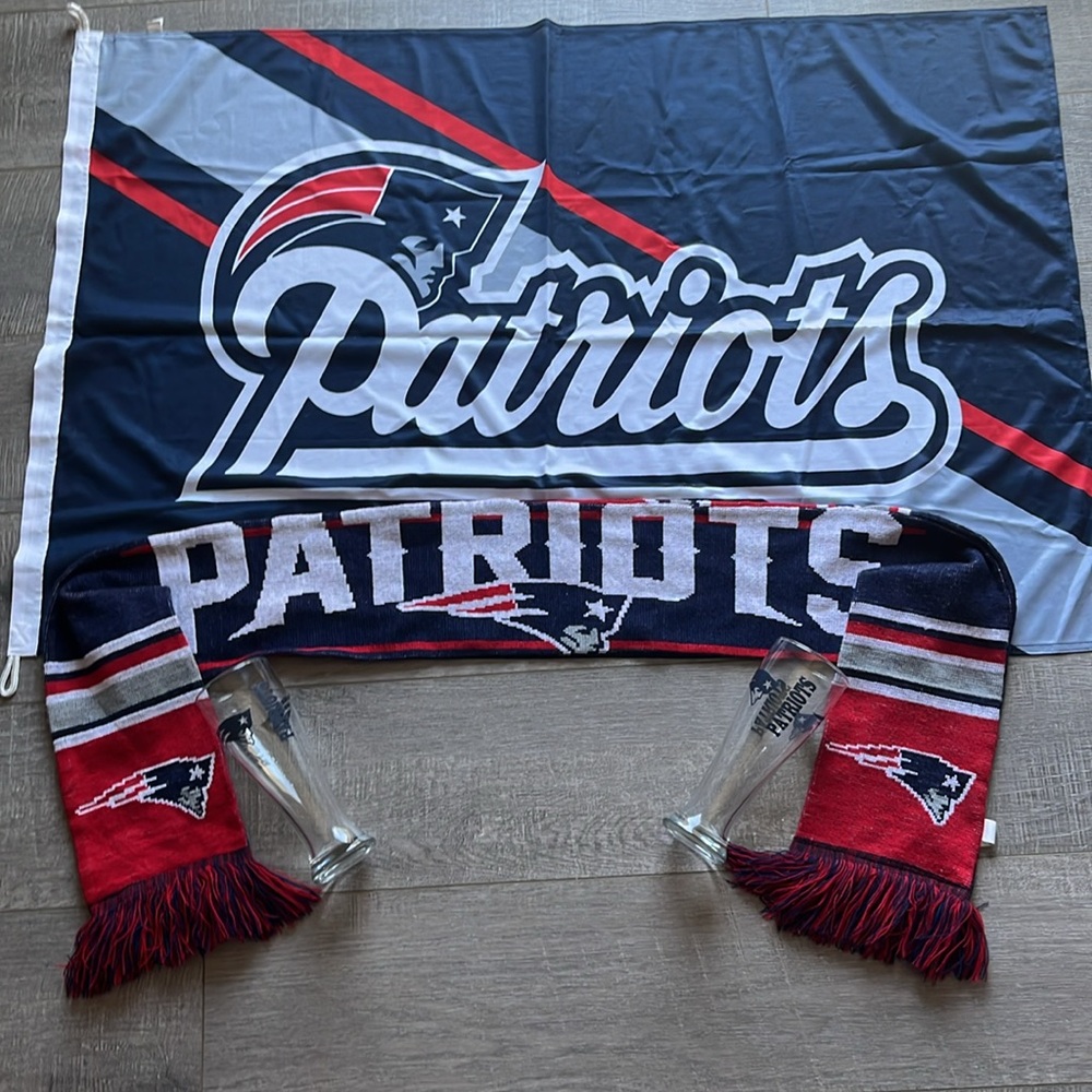 Bundle of New England Patriots Flag, Patriots Scarf and Two Beer Glasses